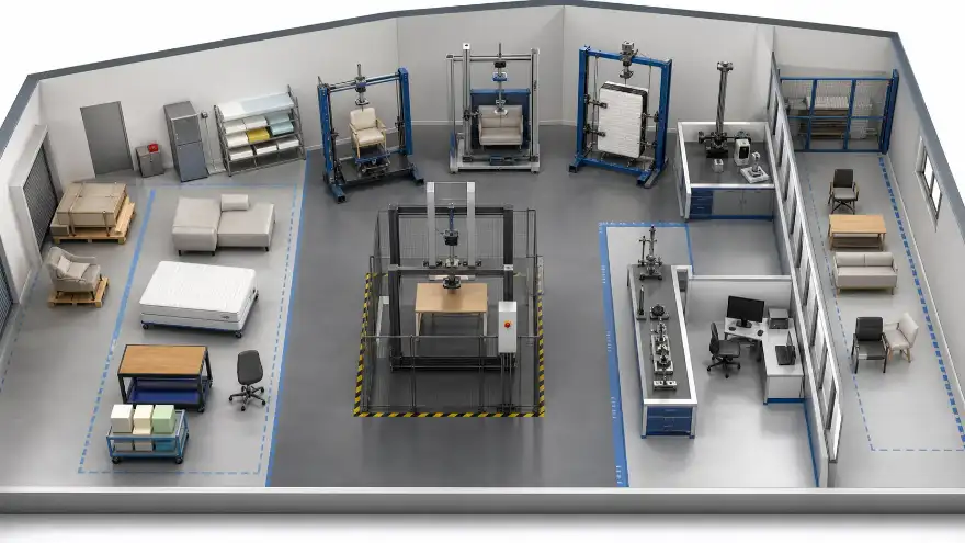 Conceptual furniture testing laboratory layout with sample intake, mechanical testing, measurement and reporting zones