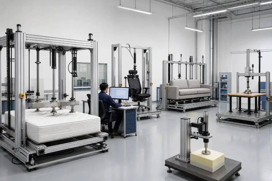 Multi-category furniture testing laboratory with mattress, chair, sofa, table and foam test stations`