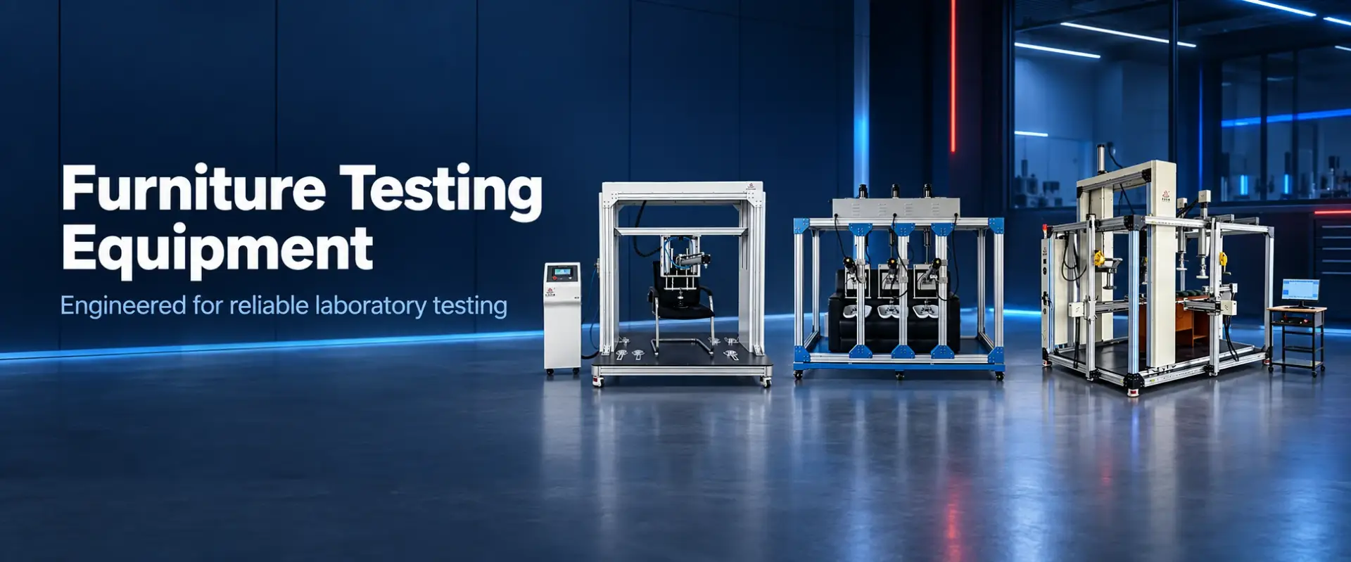Chair, sofa and table testing equipment arranged in a modern furniture testing laboratory