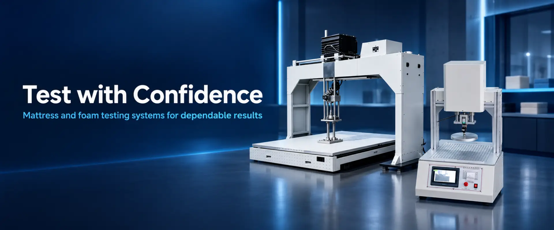 Mattress durability tester and foam hardness tester in a furniture materials laboratory