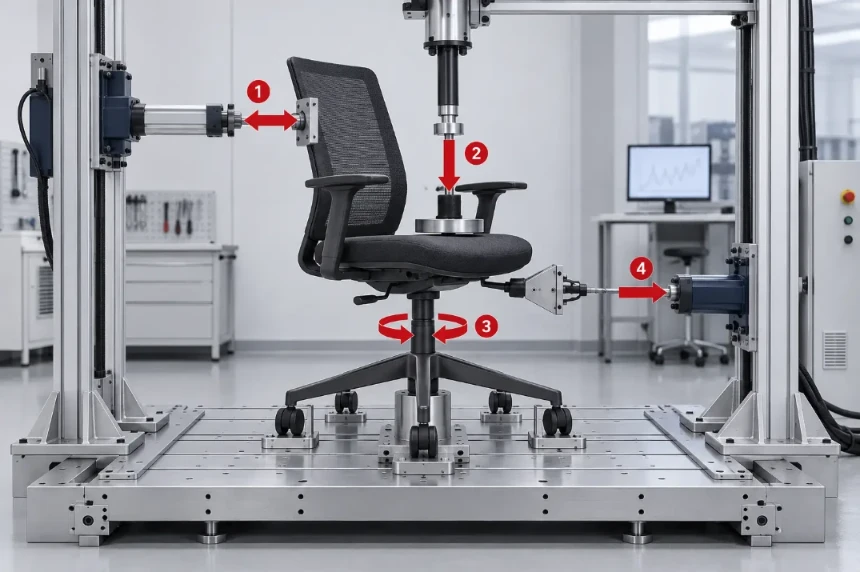 Concept illustration of an office chair with backrest, seat and swivel test actions