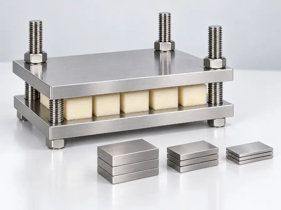 DR-J204 foam compression set fixture with five foam specimens and interchangeable spacer blocks