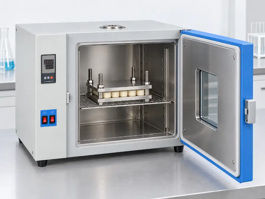 DR-J204 foam compression set tester with five foam specimens compressed inside the laboratory oven