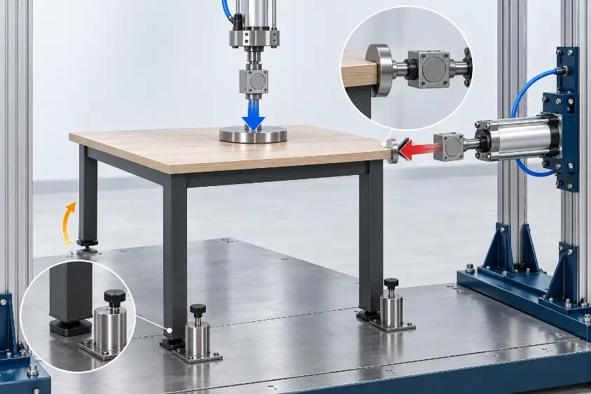 DR-J702 table stability test with vertical load, horizontal force, load cell and adjustable floor stops