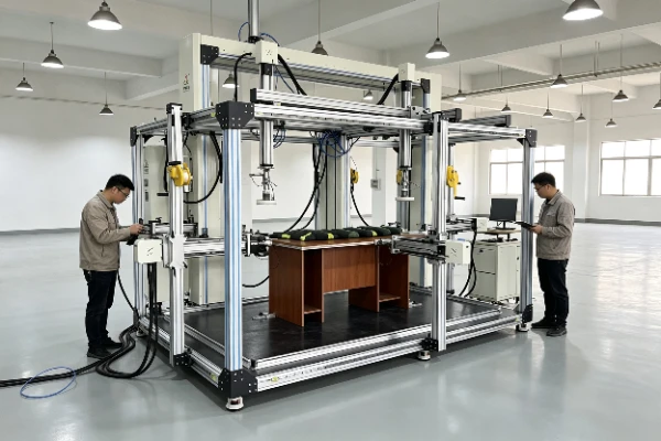Furniture testing equipment undergoing assembly and factory setup verification