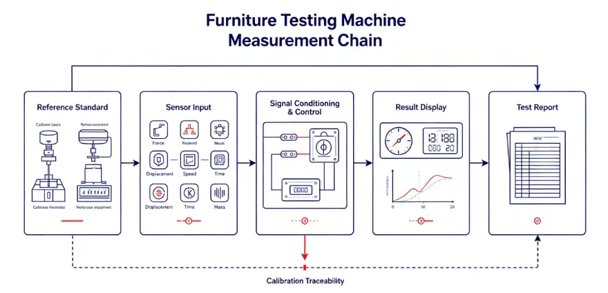 Furniture testing machine measurement chain from reference device to sensor, controller and test report