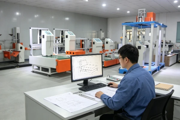 Engineer reviewing furniture testing standards, sample dimensions and loading points