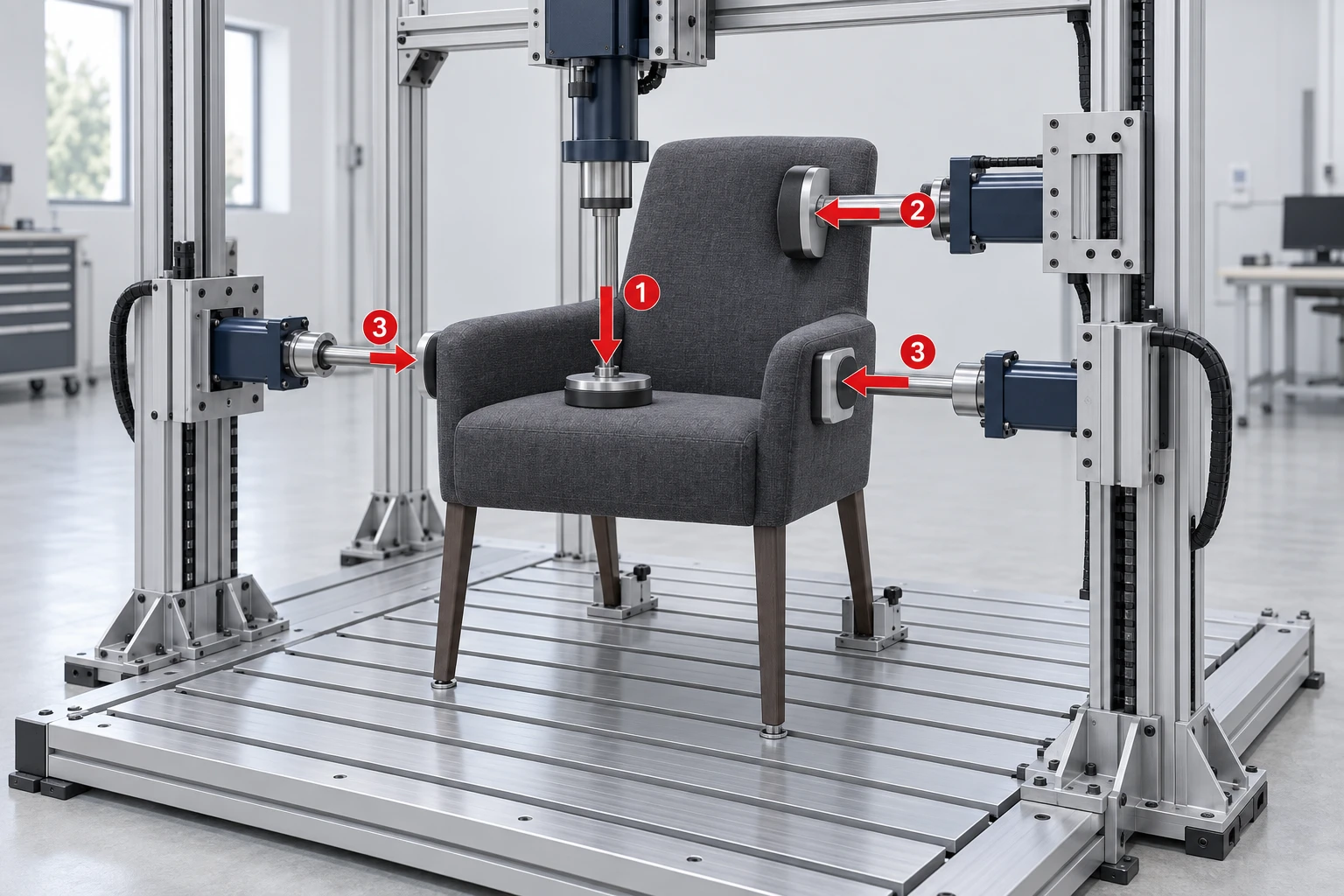 Concept illustration of an upholstered chair with seat, backrest and arm loading actuators