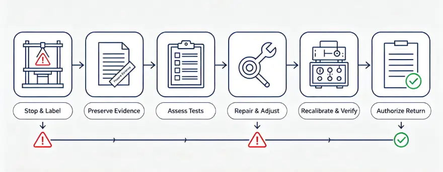 Out-of-tolerance workflow for furniture testing equipment calibration and affected test records