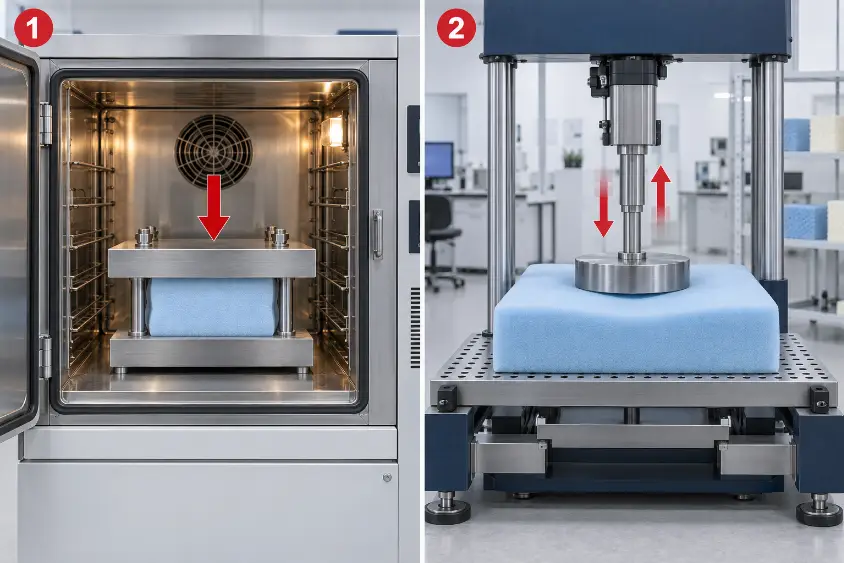 Comparison of polyurethane foam static compression set and dynamic pounding fatigue test methods
